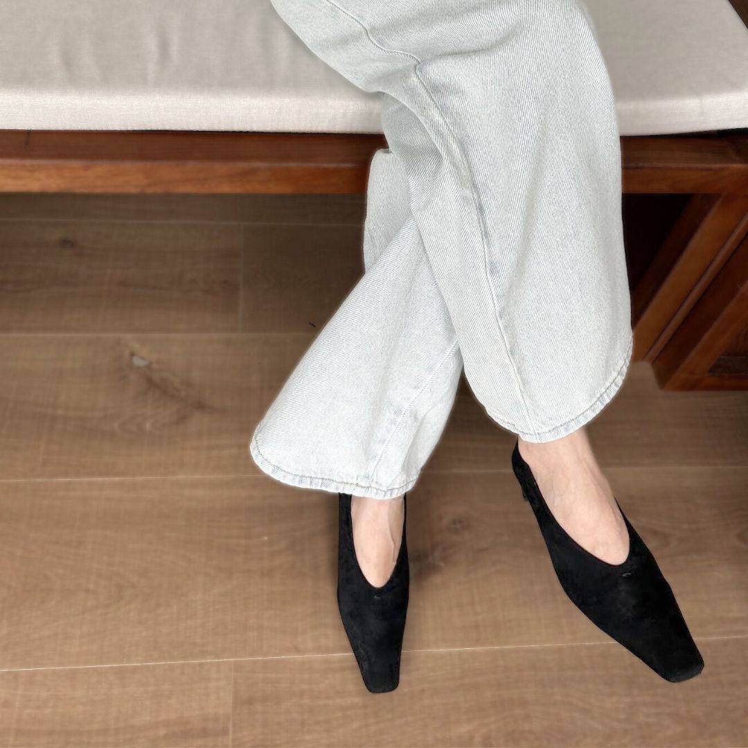 スクエアトゥスエードヒールパンプス 【1313-6】