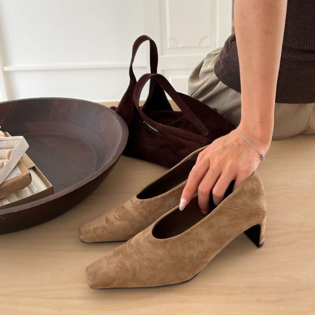 スクエアトゥスエードヒールパンプス 【1313-6】