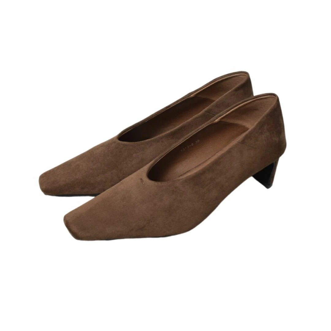 スクエアトゥスエードヒールパンプス 【1313-6】