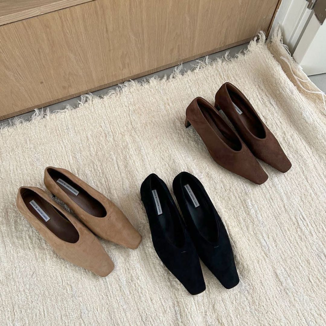 スクエアトゥスエードヒールパンプス 【1313-6】