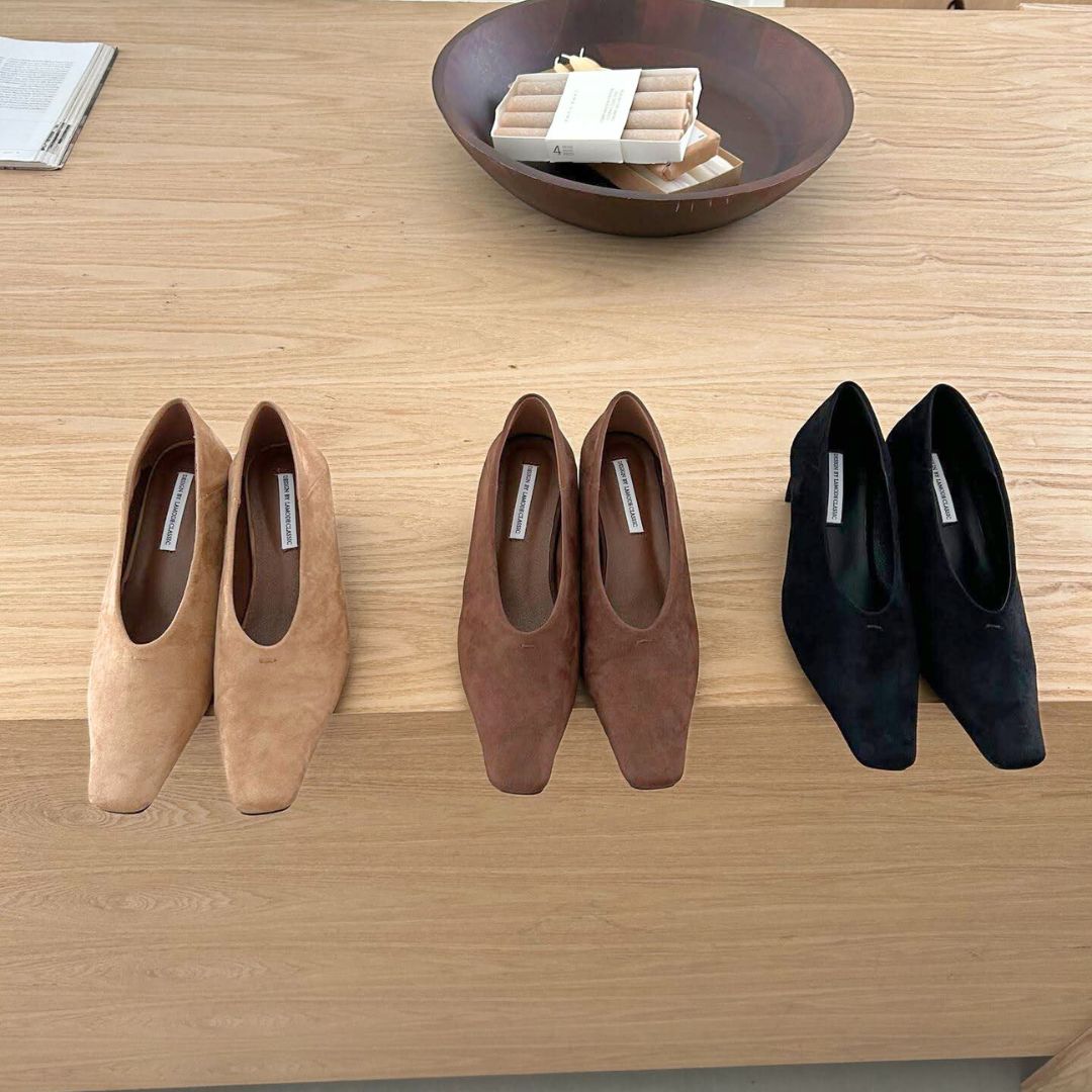 スクエアトゥスエードヒールパンプス 【1313-6】