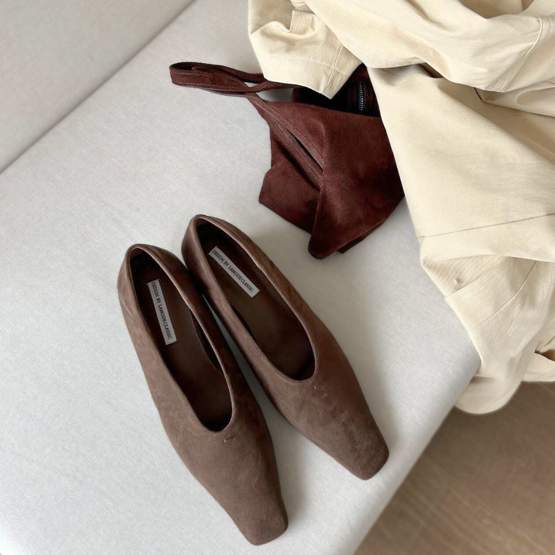 スクエアトゥスエードヒールパンプス 【1313-6】