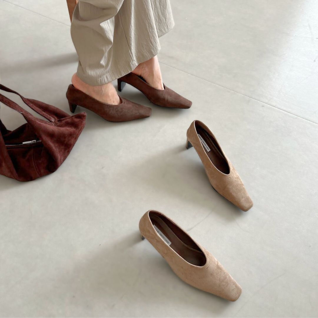 スクエアトゥスエードヒールパンプス 【1313-6】