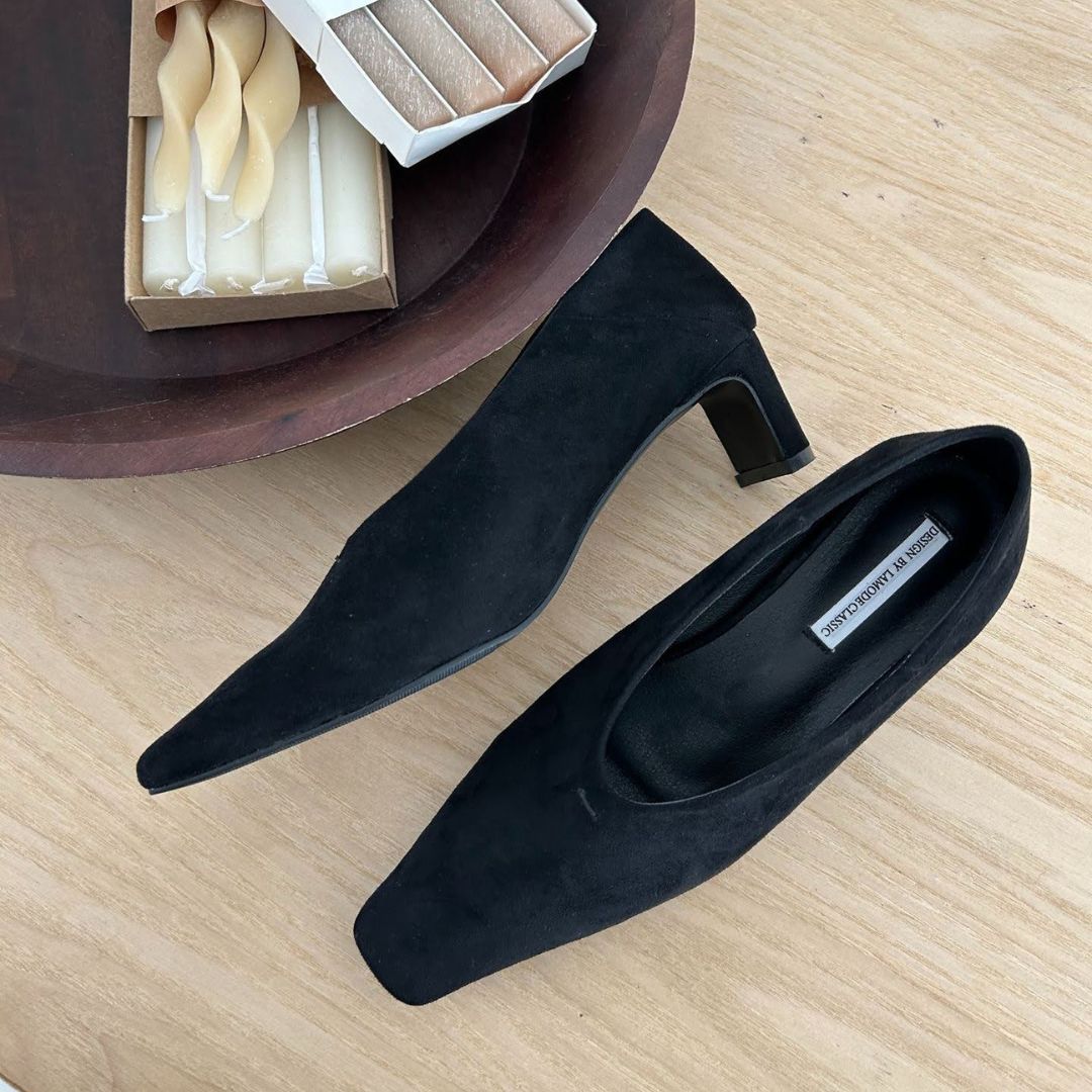 スクエアトゥスエードヒールパンプス 【1313-6】