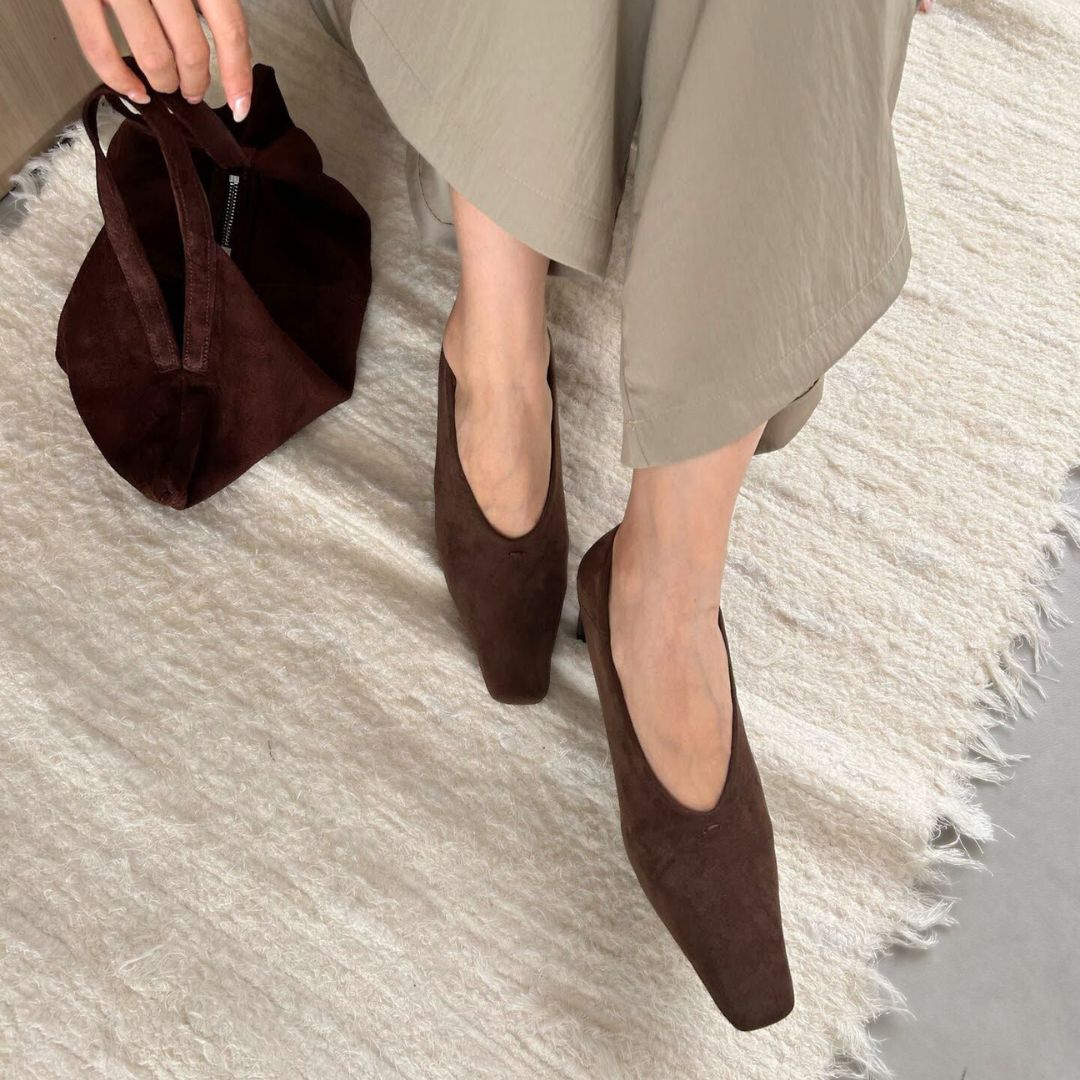 スクエアトゥスエードヒールパンプス 【1313-6】