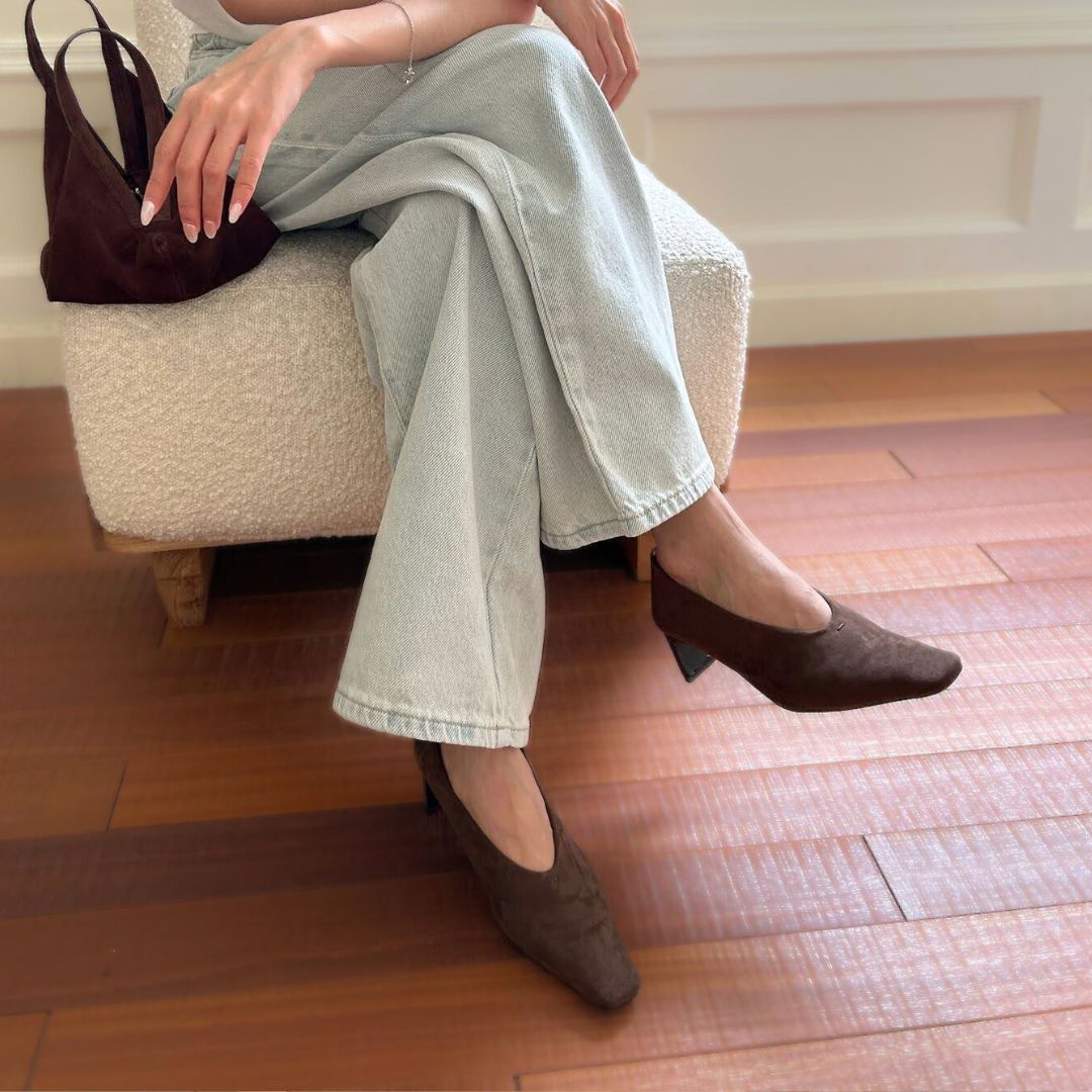 スクエアトゥスエードヒールパンプス 【1313-6】